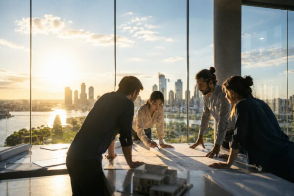 Equipe projet reunie autour de plans devant une baie vitree ouverte sur une skyline au coucher du soleil